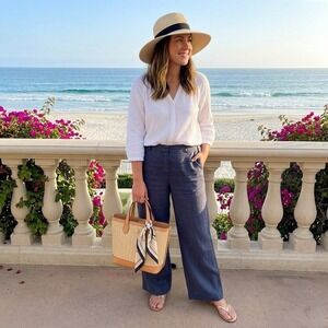 LL Bean 100% Linen Pants Womens 6 Blue Coastal Resort Vacation Summer 30W 28.5L